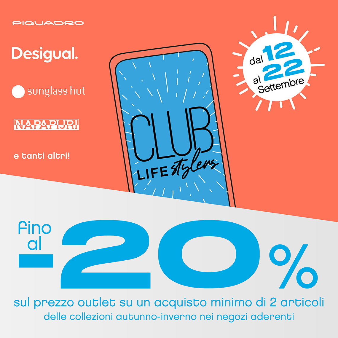 Disegno di un telefono con scritta Club Lifestylers e sotto fino al -20%