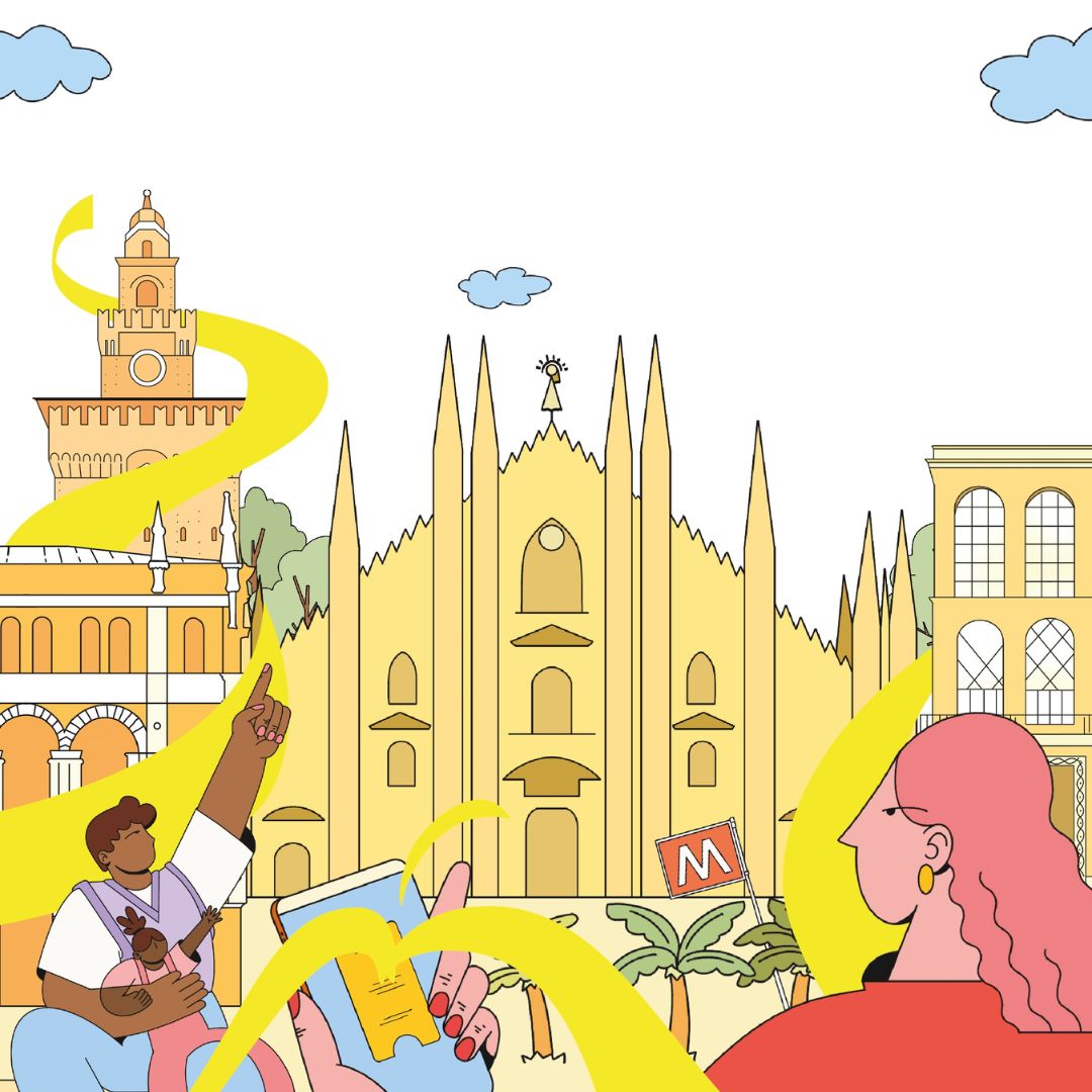 Disegno del duomo di Milano con due persone che guardano il telefono e indicano il duomo