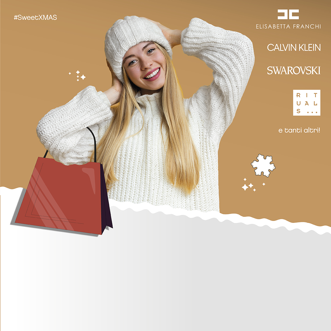 Woman with a white sweater and snowflakes