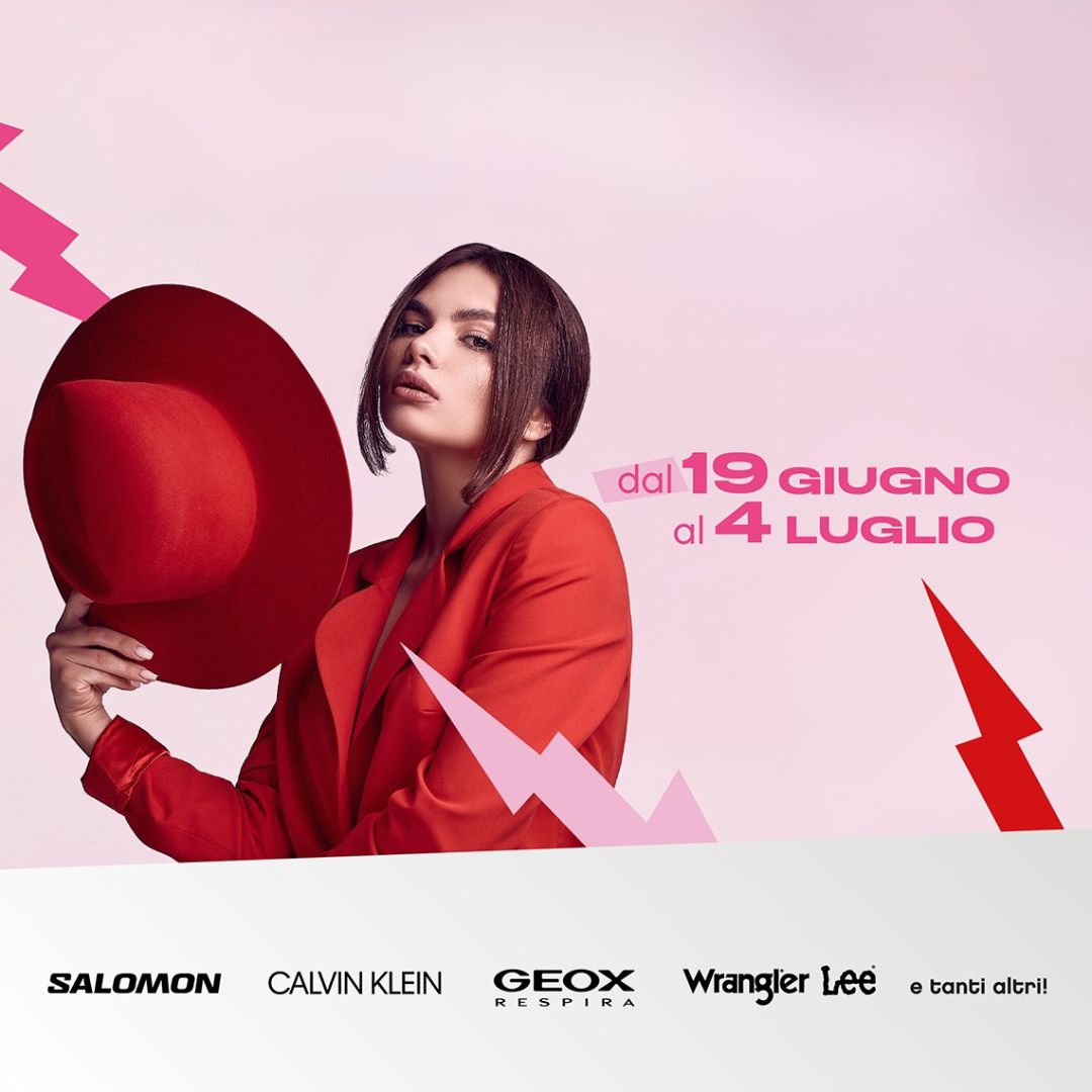 Donna in rosso su sfondo rosa con scritte fino al -50% dal 19 giugno al 4 luglio