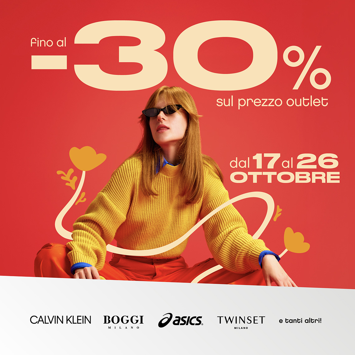 Donna con maglione giallo su sfondo rosso con elementi floreali grafici