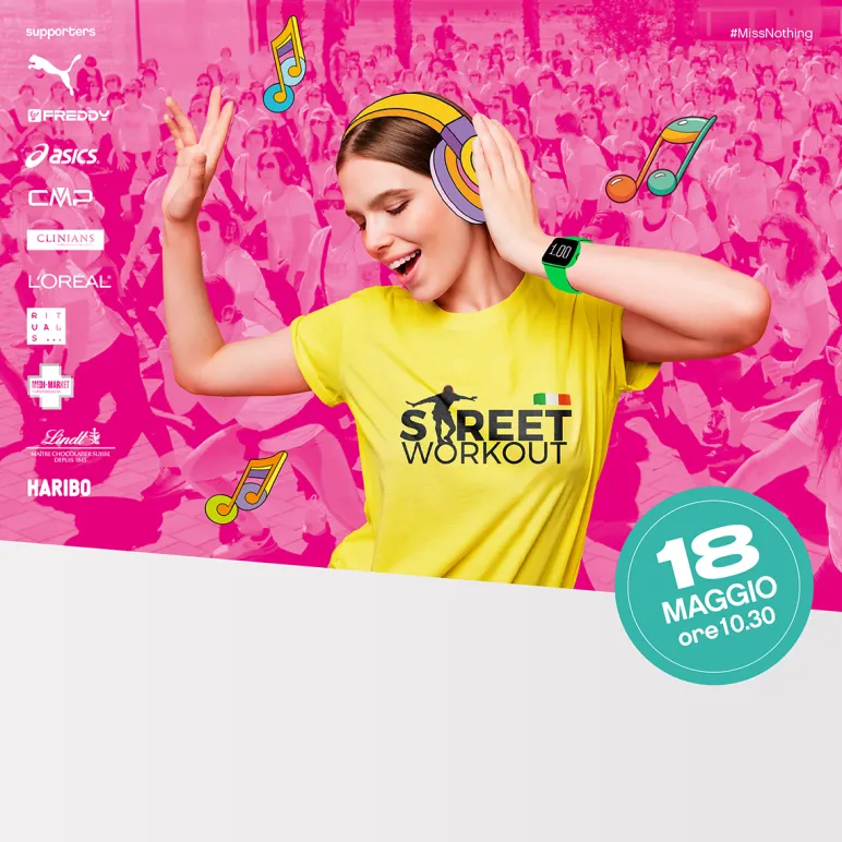 Ragazza con t-shirt giallo con logo street work out che ascolta musica nelle cuffie e balla