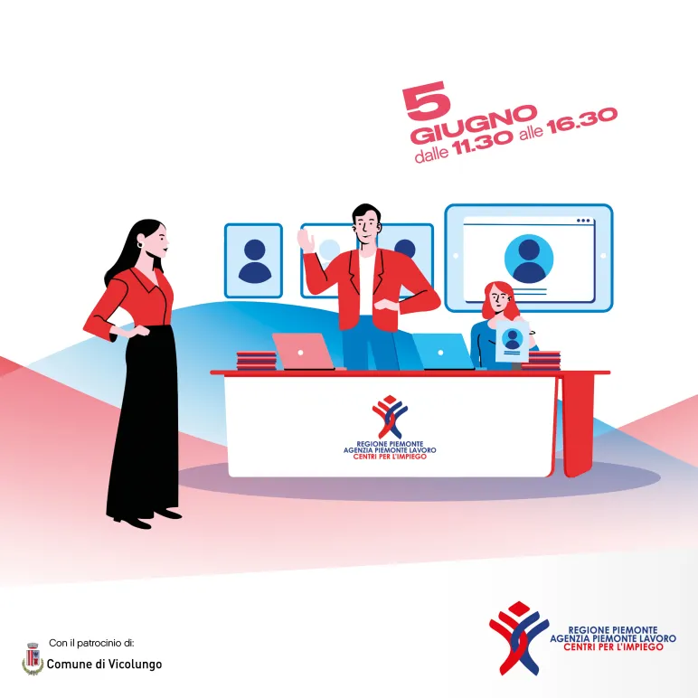 Banner illustrato per una job fair il 5 giugno, dalle 11.30 alle 16.30, promosso da Regione Piemonte e Comune di Vicolungo
