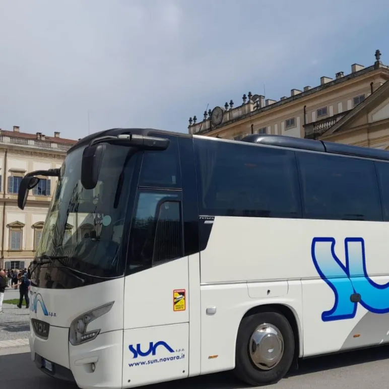 Foto pullman bus, sullo sfondo una città