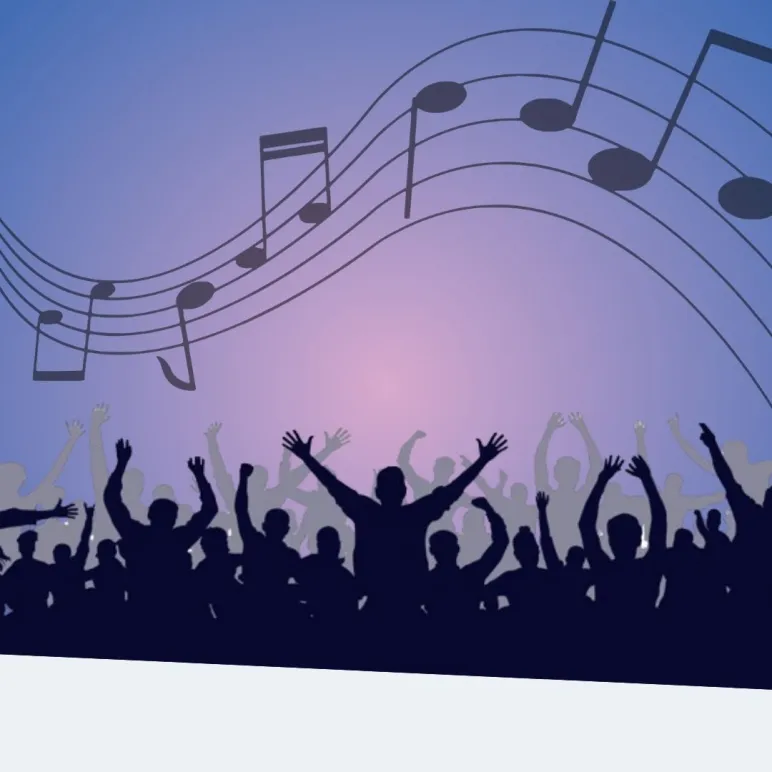 Illustrazione di un concerto con una folla in festa e note musicali su sfondo sfumato viola