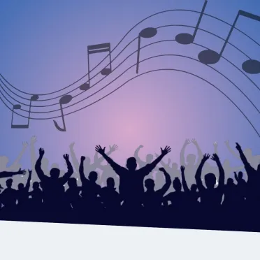 Illustrazione di un concerto con una folla in festa e note musicali su sfondo sfumato viola